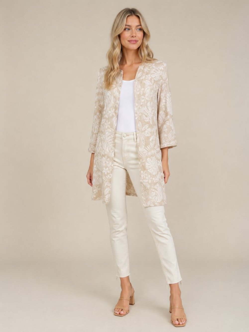 TAHARI Foliage Print Cotton Linen Open Front Duster Cardigan Beige Large #A4340